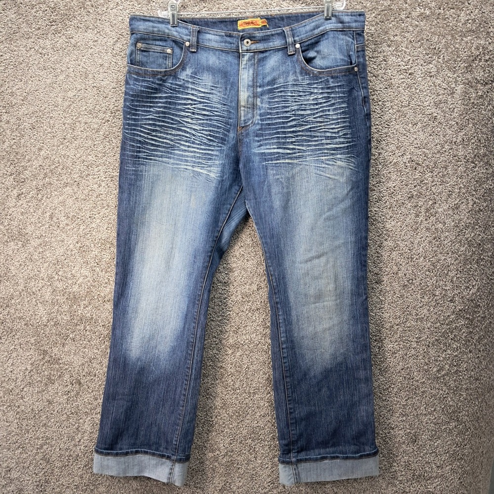 Leemo USA Jeans Womens Size 23/24 Blue Medium Wash Straight Leg Whiskered Denim